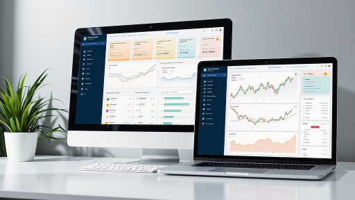 现代化金融科技平台界面截图，蓝色主题配色，显示数据分析图表和交易监控面板，界面简洁专业