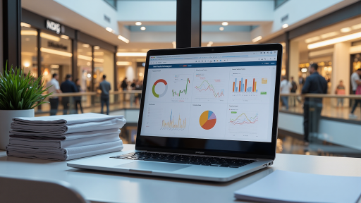 零售业大数据分析平台界面，展示销售趋势图表和客户行为分析，界面现代简洁